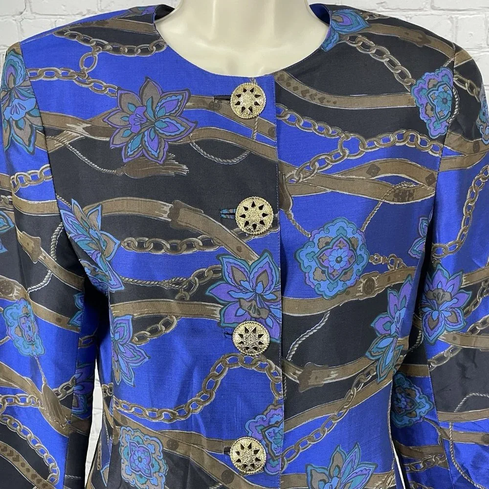 VTG Khanitha Floral 100% Thai Silk Lightweight Padded Blazer Size 36 US Small S
